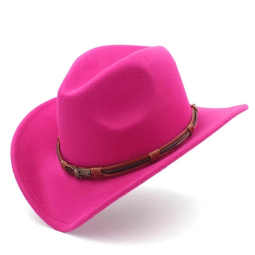 Hot Pink Western Cowboy Cowgirl Hat, Skull Ace Band, Felt Brim Men Women Rodeo